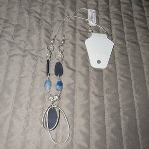 $3 with Bundle ~ Silver Tone Blue Bead Statement Necklace Geometric Pendant 5696